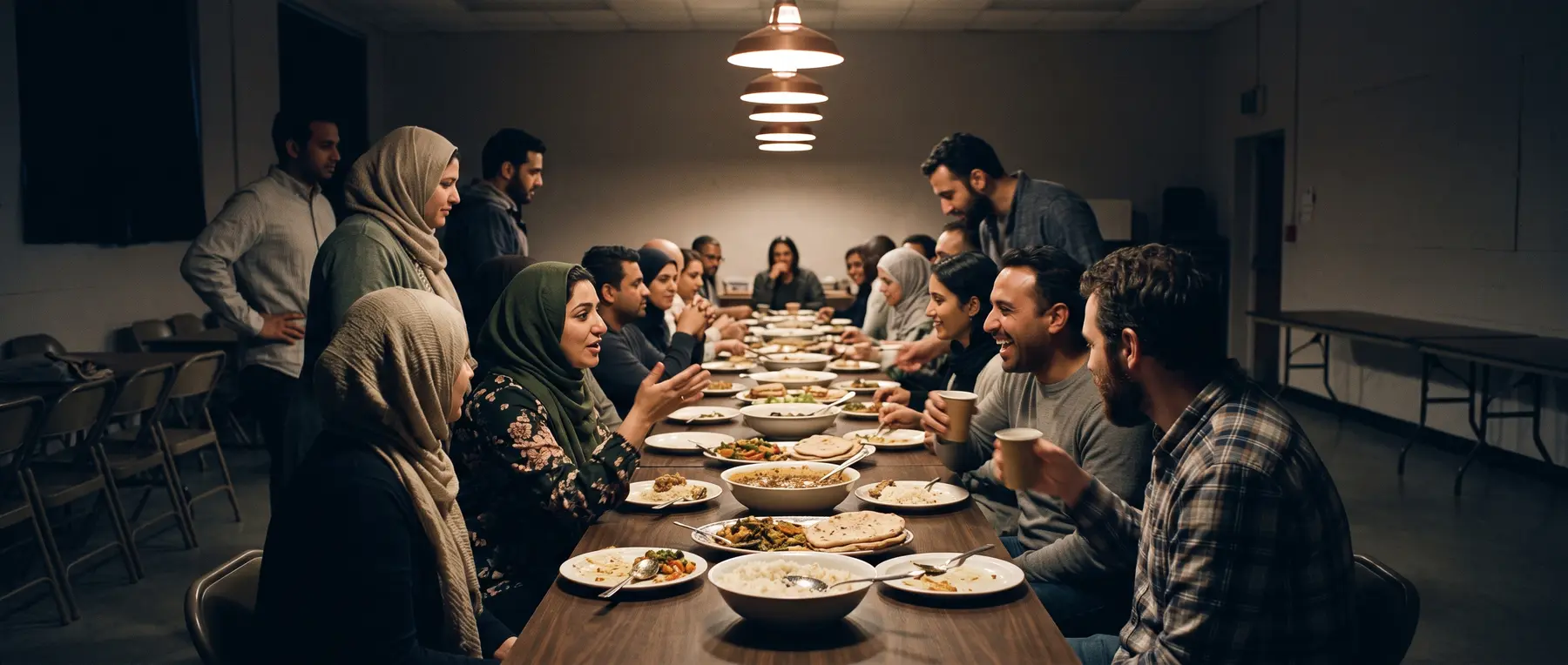 People sitting along a long table in a community hall, mid-conversation over shared plates of food