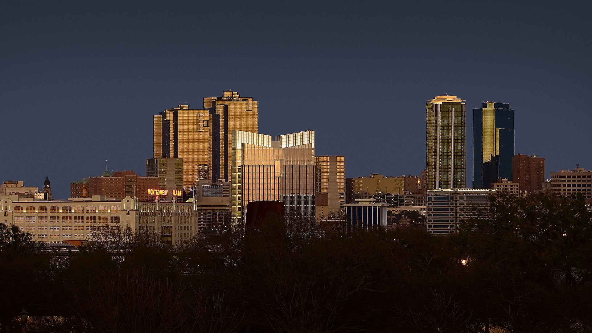 The downtown Fort Worth skyline at sunset