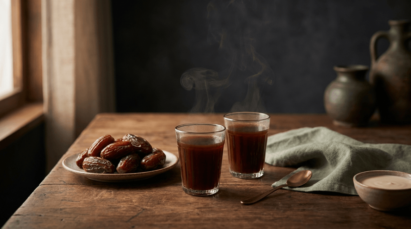Two glasses of chai and a plate of dates on a warm wooden table