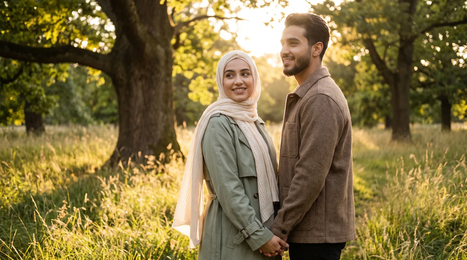A happy young Muslim couple standing together outdoors at golden hour
