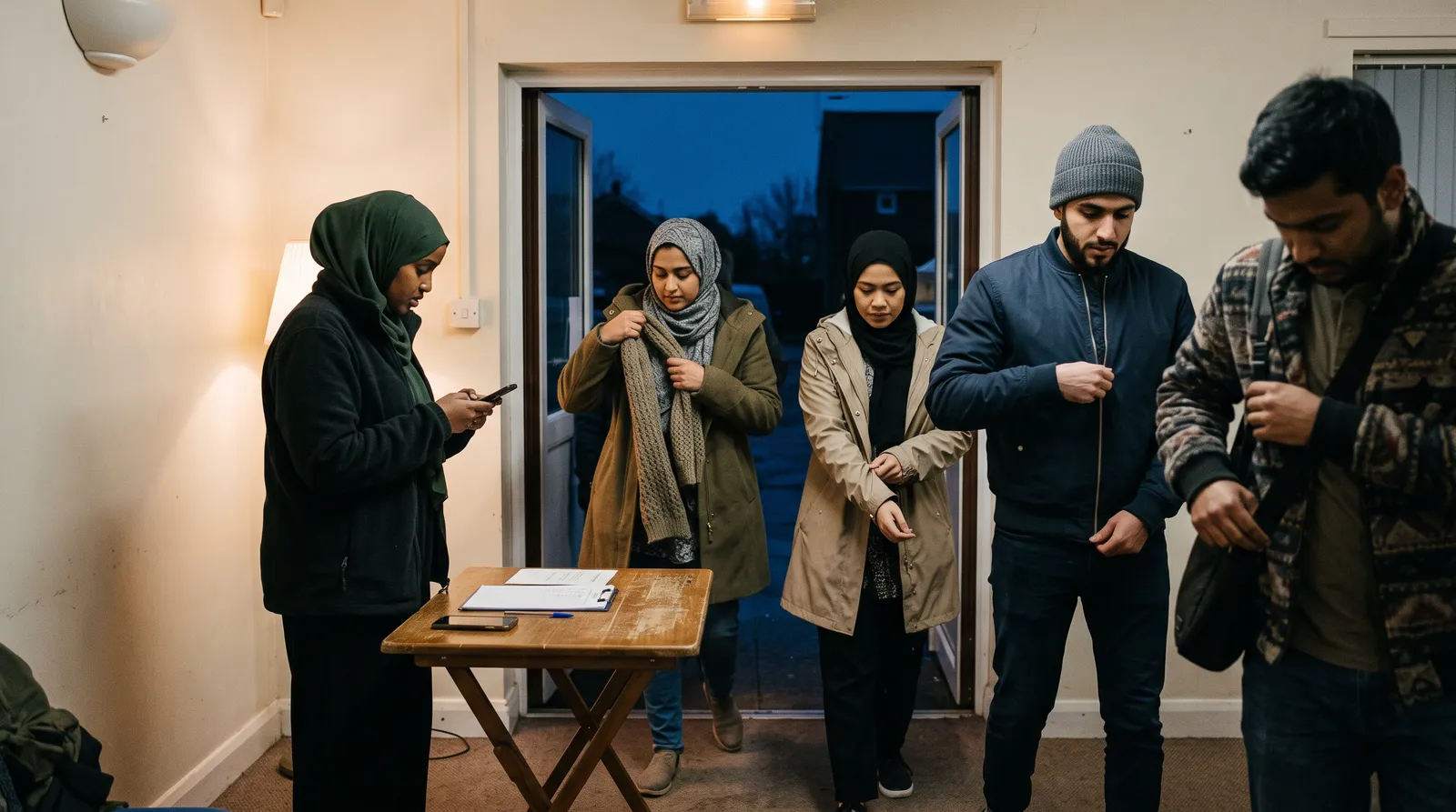 A woman checking guests in on her phone at a folding table just inside the door of a community hall, as people arrive out of the cold