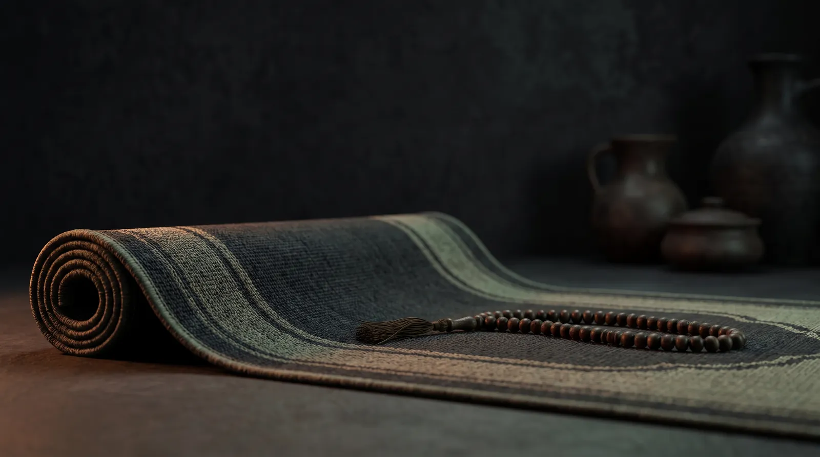 A softly lit prayer mat and prayer beads in a quiet room before dawn