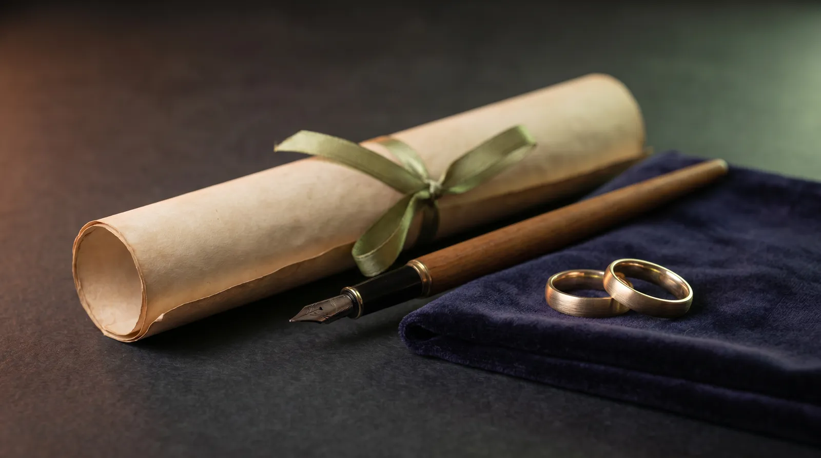 A rolled marriage contract, a pen, and two gold wedding rings on dark velvet
