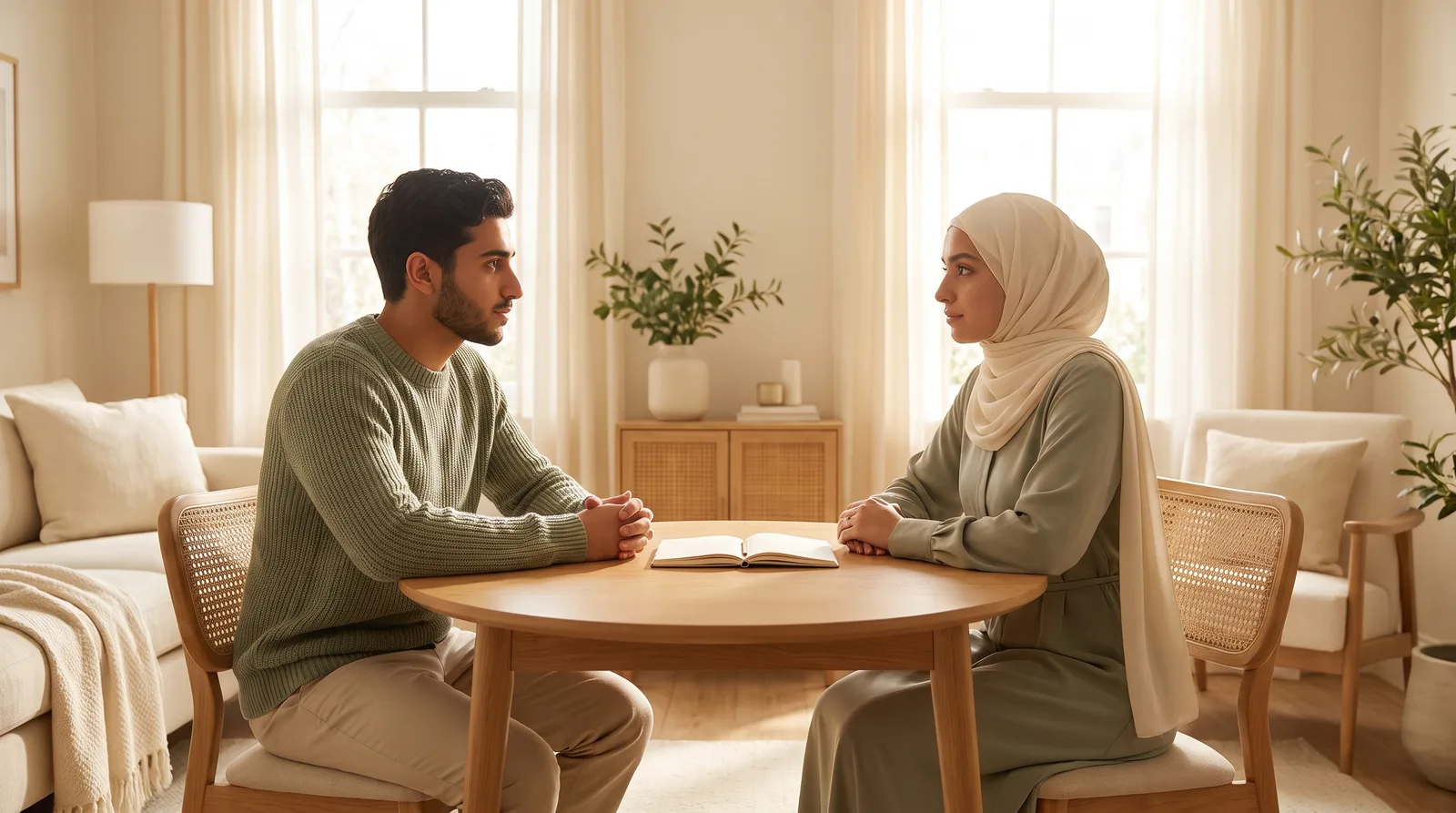 A young Muslim couple in thoughtful conversation across a table with an open notebook between them