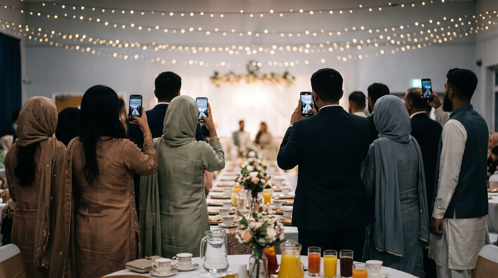 Guests at a walima seen from behind, holding phones up to photograph the couple, under string lights above a long decorated table