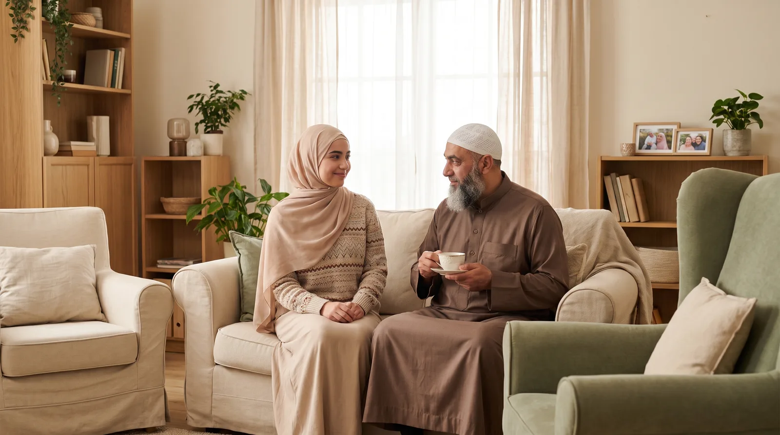 A young hijabi Muslim woman sitting with her wali, her guardian, in a warm family living room