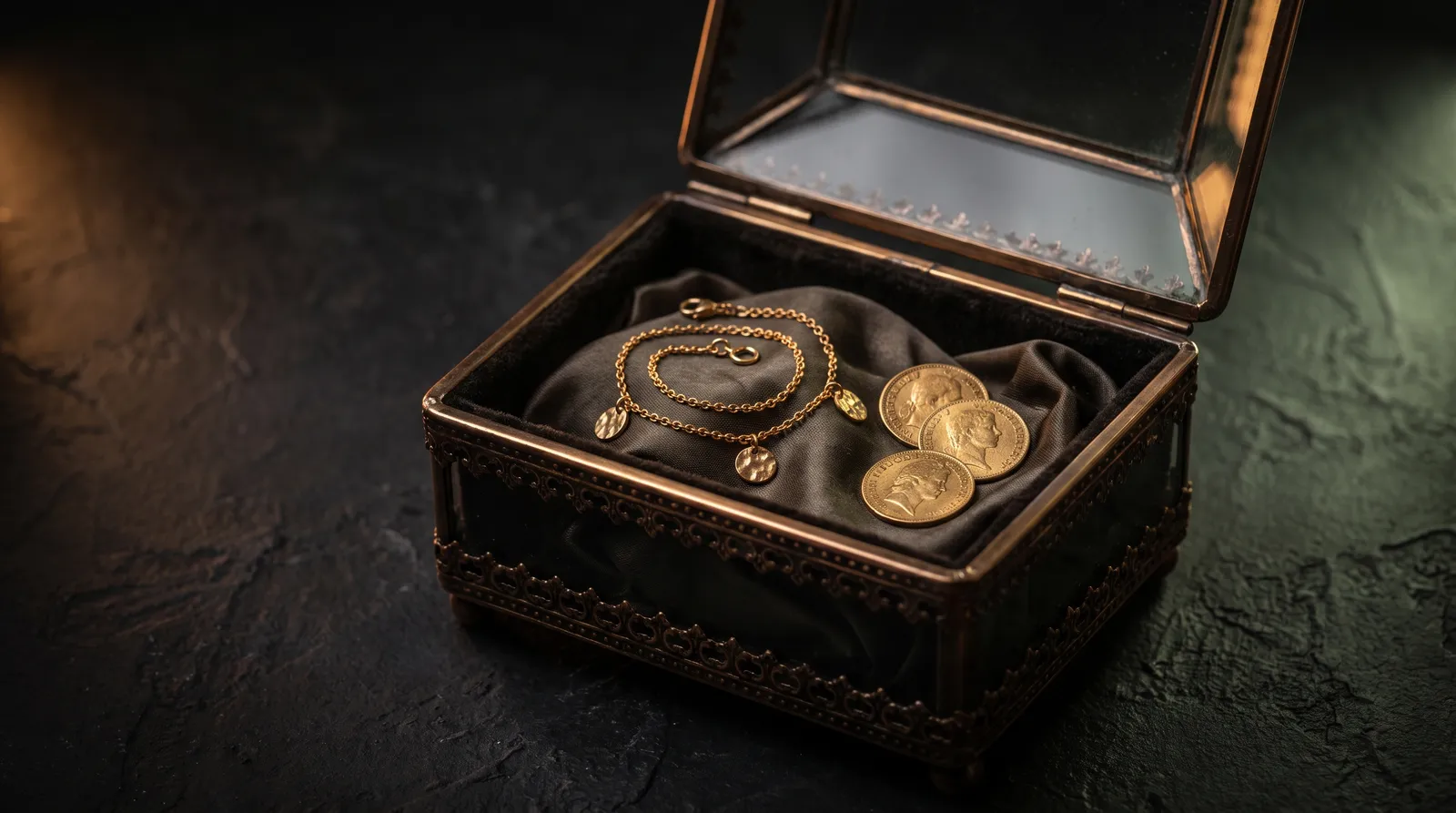 An open gift box with a gold bracelet and coins on dark velvet, symbolizing the mahr